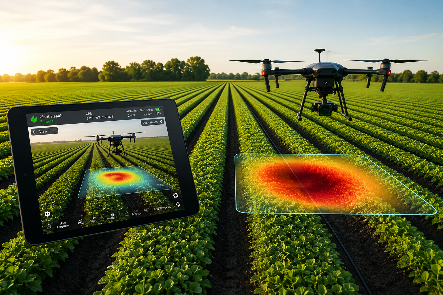 Drone over rows of crops with a handheld tablet showing a crop-health heat map overlay.