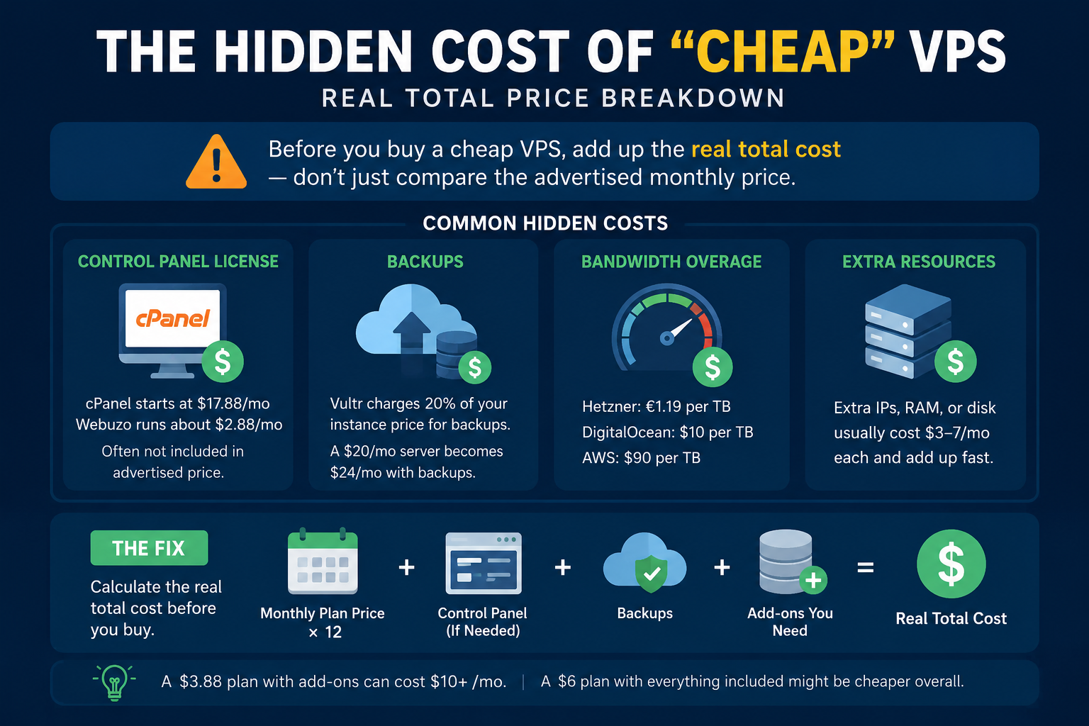 Hidden costs of cheap VPS hosting including backups, control panels, bandwidth, and add-ons