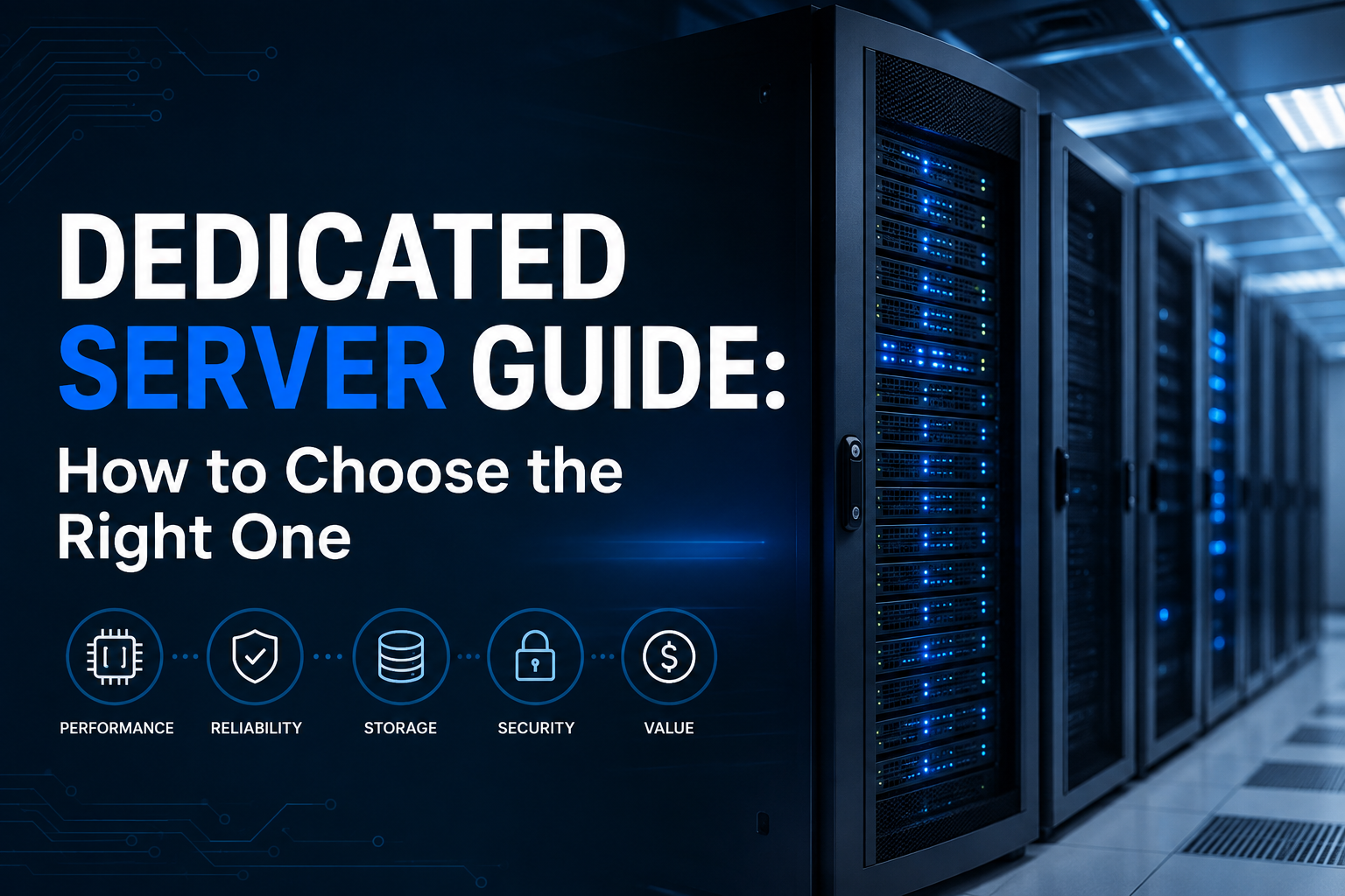 Dedicated server hosting guide banner with performance security metrics icons
