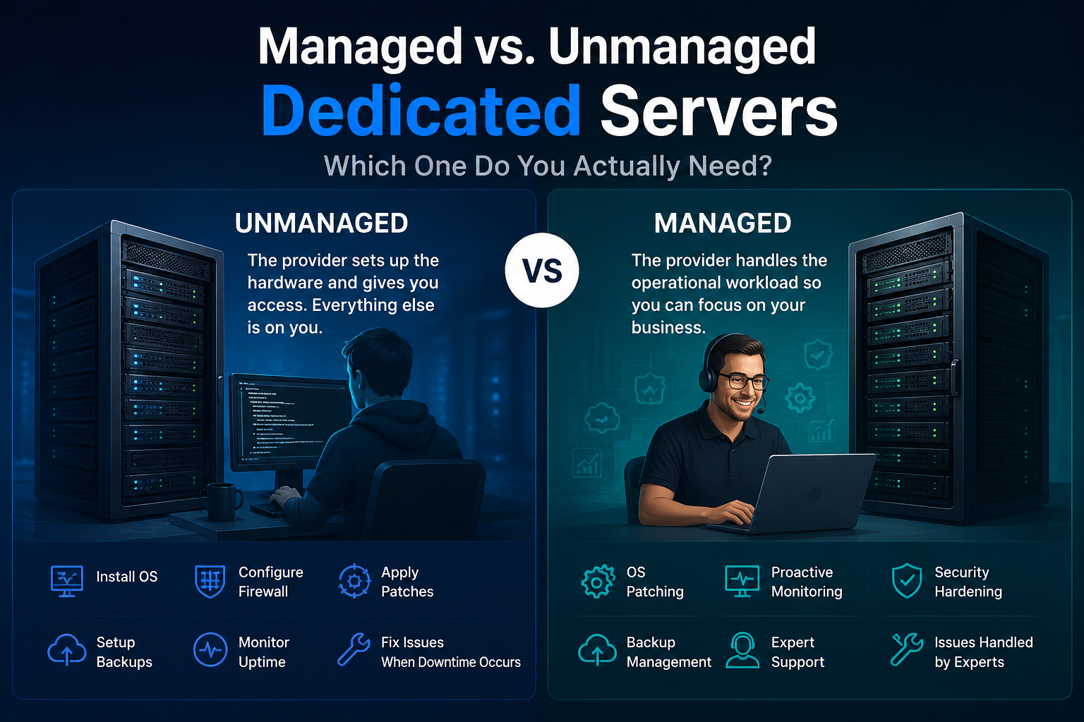 Managed vs unmanaged dedicated server plan features comparison layout

