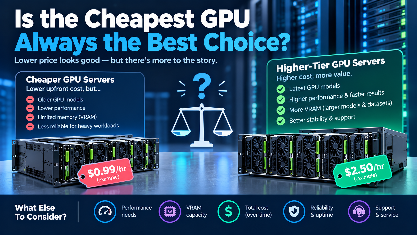 Infographic comparing cheaper vs higher-tier GPU servers, with price tags and a balance scale illustrating trade-offs.